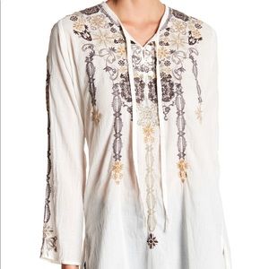 Johnny Was natural embroidered neck tie tunic top